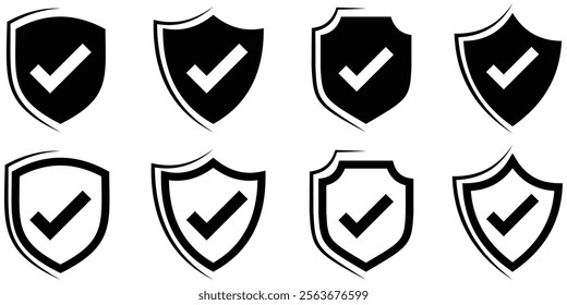 Shield check mark icon set. Protection approve sign. Safe icon vector, Checked sign, tick icon, Shield icon, security shields logotypes with check mark and padlock. Security shield symbols. EPS 10