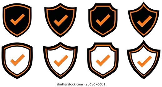 Shield check mark icon set. Protection approve sign. Safe icon vector, Checked sign, tick icon, Shield icon, security shields logotypes with check mark and padlock. Security shield symbols. EPS 10