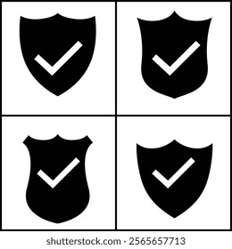 Shield with check mark icon set. Protection approve Security sign. Strong privacy tick shield. Tick mark approved. Flat and line style black vector collection isolated on transparent background.eps10