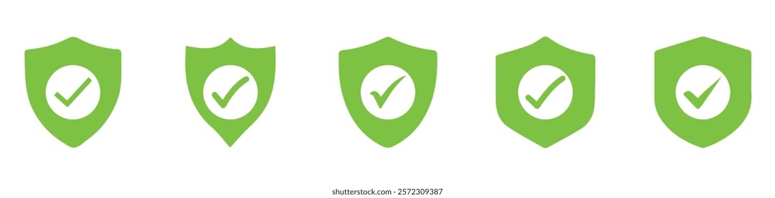 Shield and check mark icon set. Shield security vector. Security, protection, approve, checkmark, tick, accept, green collection of security shield icons stock vector.