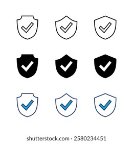Shield check mark  icon set. Protection approve sign. Safe icon vector