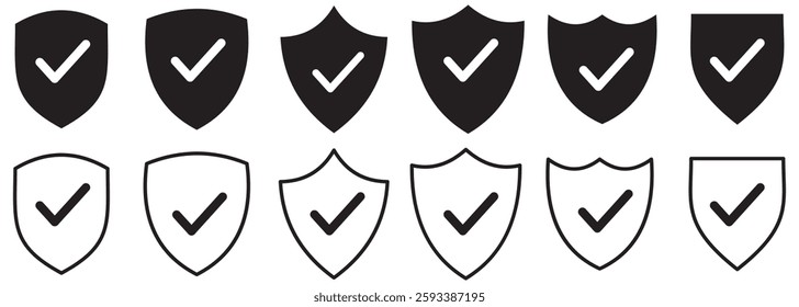Shield with check mark icon set. Security, protection, approve, checkmark, tick, accept.Shield with check mark icon. Shield check mark logo. Protection approve sign.  