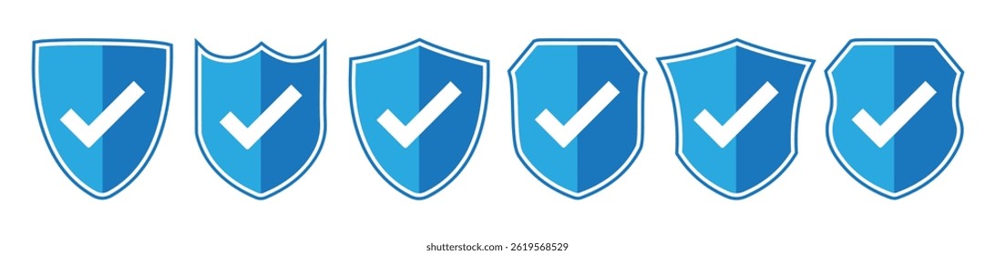 Ícone de marca de seleção de blindagem definido. Sinal de aprovação de proteção. Ícone de segurança ícone de escudo vetorial com verificação de segurança badge vetor. Marca de escala segura para garantia de proteção de qualidade. Marca de verificação de proteção isolada para médicos.