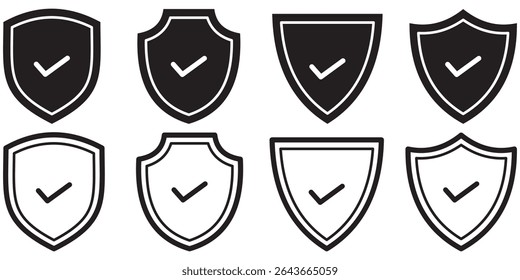 Shield with check mark icon set. Security, protection, approve, checkmark, tick, accept, black collection. Flat and line style shield check mark icon.