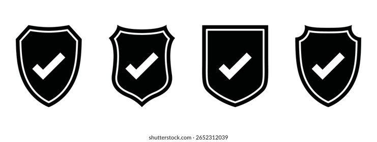 Shield with check mark icon set. Security, protection, approve, checkmark, tick, accept, green collection - stock vector.