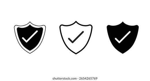 Conjunto de iconos de marca de verificación de escudo. Signo de aprobación de protección. Icono de Vector seguro