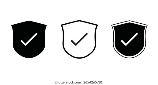 Symbol für Schild-Häkchen gesetzt. Signatur für Schutzgenehmigung. Sicherer Symbolvektor