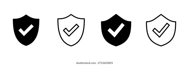 Symbol für Schild-Häkchen gesetzt. Signatur für Schutzgenehmigung. Sicherer Symbolvektor