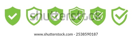 Shield with check mark icon set. Security, protection, approve, checkmark, tick, accept, green collection - stock vector.