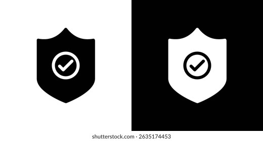 Shield check mark icon in solid flat trendy design style.