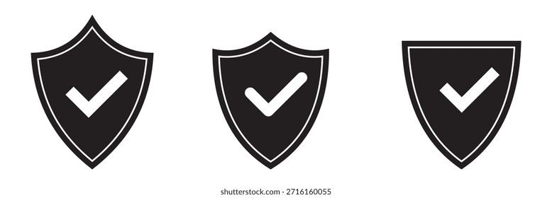 Schild-Häkchen-Symbol mit dünner Linie und flachem Web-Symbol auf weißem Hintergrund