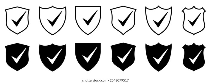 Shield with check mark icon vector set. Security shield protection, approved and trusted product concept. Vector illustration