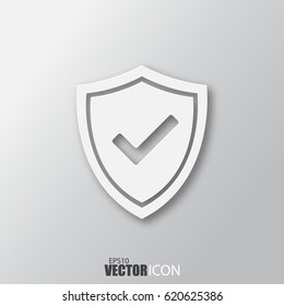 Shield with check mark icon in white style with shadow isolated on grey background. For your design, logo. Vector illustration.