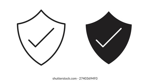 Shield check mark icons in a black filled and outlined style. Set of vector icons