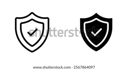 Shield check mark icons collection in Filled flat and thin line style.