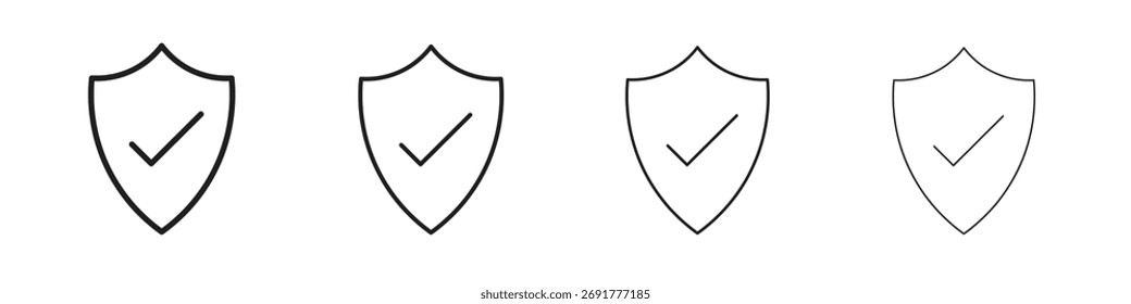 Iconos de marca de verificación de escudo ilustraciones colección sobre fondo blanco. Gráficos de Vector perfecto de píxeles