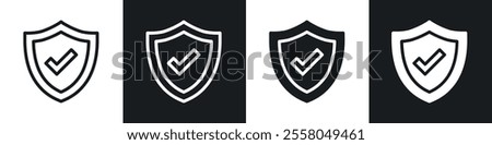 Shield check mark icons pack in black and white filled and outlined versions.