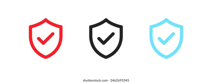 Shield with check mark icons. Protection confirmed icons. Flat style