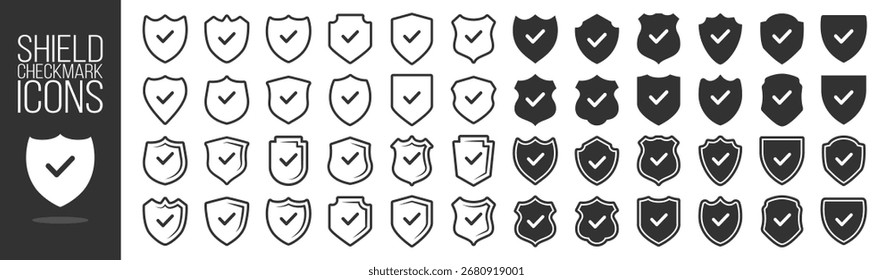Shield check mark icons, security protection symbols, safe privacy badges on transparent background