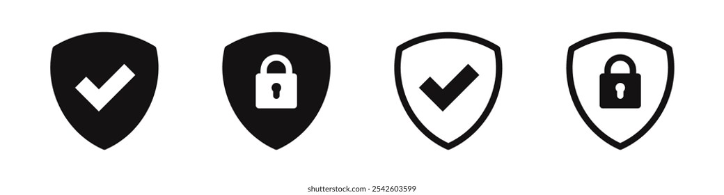 Conjunto de iconos de marca de verificación de escudo. Protección, símbolo de privacidad. Ilustración vectorial.