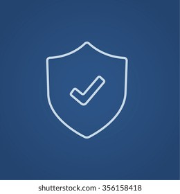 Shield with check mark line icon for web, mobile and infographics. Vector light blue icon isolated on blue background.