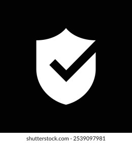Elemento de Plantilla de diseño de icono de marca de verificación de escudo. Ilustración vectorial de escudo con garrapata derecha sobre fondo negro.