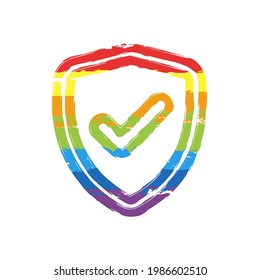 Shield with check mark, logo of protection, simple icon. Drawing sign with LGBT style, seven colors of rainbow (red, orange, yellow, green, blue, indigo, violet
