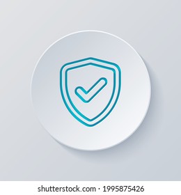 Shield With Check Mark, Logo Of Protection, Simple Icon. Cut Circle With Gray And Blue Layers. Paper Style