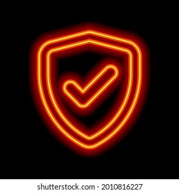 Shield with check mark, logo of protection, simple icon. Orange neon style on black background. Light linear icon with editable stroke