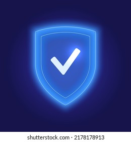 Escudo con marca de verificación en el estilo gráfico de neón. Protección y seguridad de la autorización sólidas. Concepto de información cibernética ilustración vectorial plana sobre fondo abstracto azul.