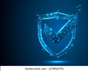 Shield with Check mark. Network security, safety, privacy concept. Neon shield protection abstract low poly, polygonal, wireframe image. Vector 3d shield illustration on blue background