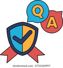 A shield with a check mark on it and two speech bubbles with Q and A written in them