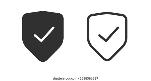 Shield check mark protection guarantee icon simple vector line stroke solid graphic illustration set, minimal insurance guard secure sign symbol logo pictogram checkmark tick ui award label