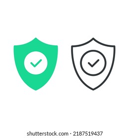 Shield and check mark. Security, protection, safety concepts. Green and black colors. Flat design and line design. Vector icons set