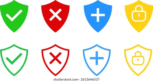 Shield with check mark set. Protect security symbol. plus mark sign symbol. Safety or protection sign

