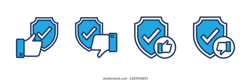 Shield, check mark, thumbs up and thumbs down thin line icons. Safety, security, protection, shields with check mark icon symbol for apps and websites. Editable stroke. Vector illustration