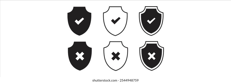 Shield check mark, tick mark symbol, shield block sign, restriction shield icons in line style design for website, app, UI, isolated on white background. Editable stroke. 333
