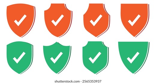 Shield check mark, tick mark symbol, shield block sign, restriction shield icons in line style design for website, app, UI, isolated on white background. Editable stroke. EPS 10  illustration.