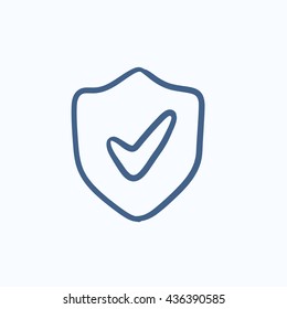 Shield with check mark vector sketch icon isolated on background. Hand drawn Shield with check mark icon. Shield with check mark sketch icon for infographic, website or app.