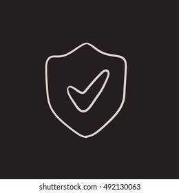 Shield with check mark vector sketch icon isolated on background. Hand drawn Shield with check mark icon. Shield with check mark sketch icon for infographic, website or app.