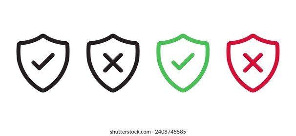 Shield with check mark and x cross icon vector in line style