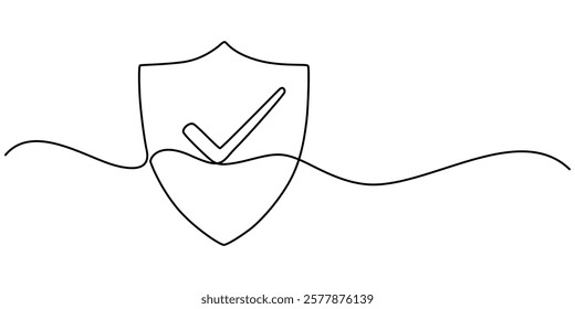 Shield with check protect, one line continuous. Success, guarantee, safe sign. Vector outline, Shield check mark icon continuous one line drawing, Shield, Protection, Security Continuous Line Icon. 