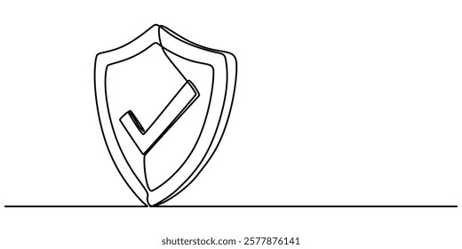 Shield with check protect, one line continuous. Success, guarantee, safe sign. Vector outline, Shield check mark icon continuous one line drawing, Shield, Protection, Security Continuous Line Icon. 