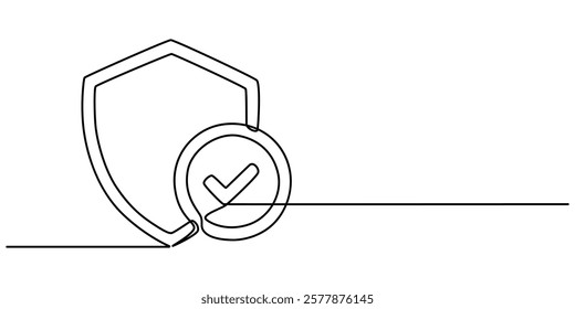Shield with check protect, one line continuous. Success, guarantee, safe sign. Vector outline, Shield check mark icon continuous one line drawing, Shield, Protection, Security Continuous Line Icon. 