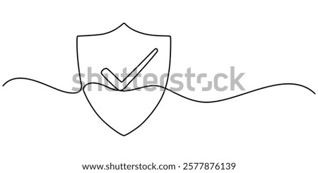 Shield with check protect, one line continuous. Success, guarantee, safe sign. Vector outline, Shield check mark icon continuous one line drawing, Shield, Protection, Security Continuous Line Icon. 