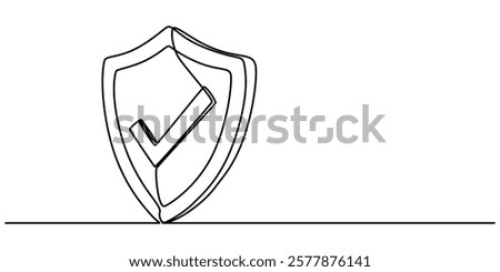 Shield with check protect, one line continuous. Success, guarantee, safe sign. Vector outline, Shield check mark icon continuous one line drawing, Shield, Protection, Security Continuous Line Icon. 