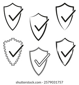 Shield with check. Vector emblem symbol. Decorative outlined design. Black and white illustration.