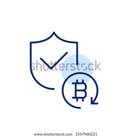 Shield with checkmark and bitcoin with refresh arrow. Identity and transaction verification for cryptocurrency. Pixel perfect, editable stroke icon