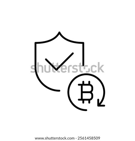 Shield with checkmark and bitcoin with refresh arrow. Identity and transaction verification for cryptocurrency. Pixel perfect vector icon