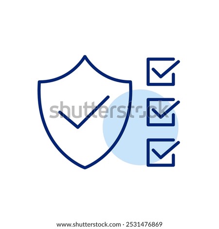 Shield with checkmark and checklist. Certified protection, adherence to required safety or operational standards. Pixel perfect vector icon